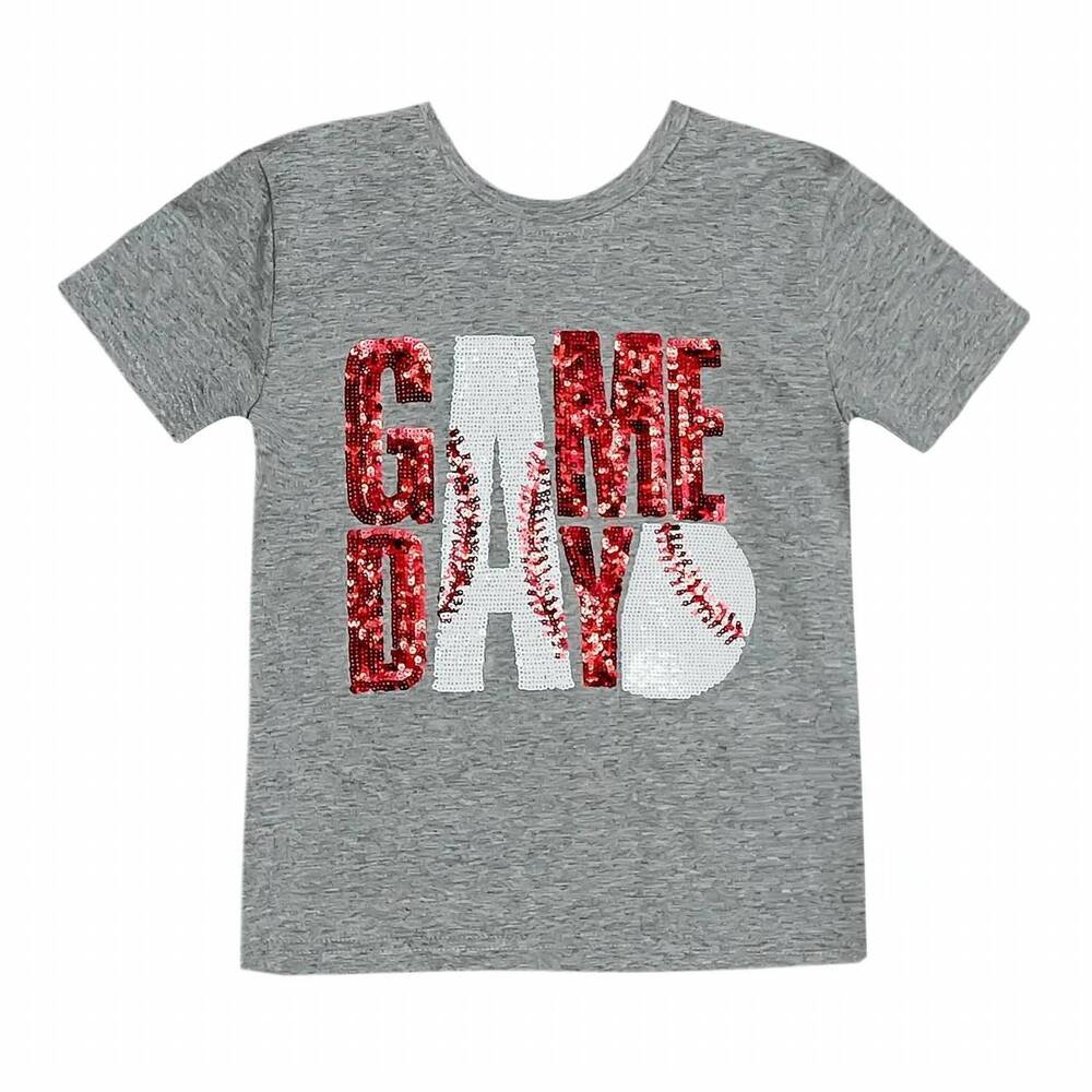 NEW BELLE CHER girl's sequin baseball tee in red/gray
